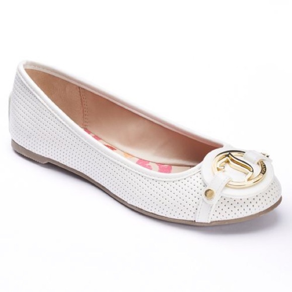 Juicy Couture Shoes - Juicy Couture White Gold Logo Ballet Flats NWT